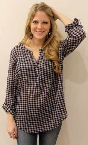 Joie Navy Plaid  Print Top